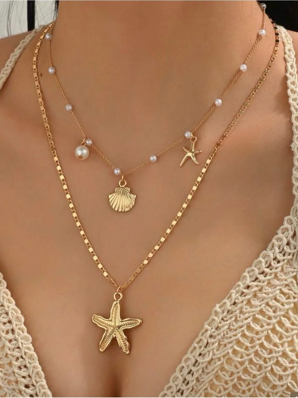 Gold Starfish & Pearl Layered Necklace Set – 2 Separate Necklaces